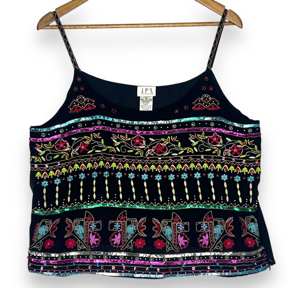 JPR Separates Silk‎ Beaded Cami Top Boho Sleeveless Embellished Blouse Black XL